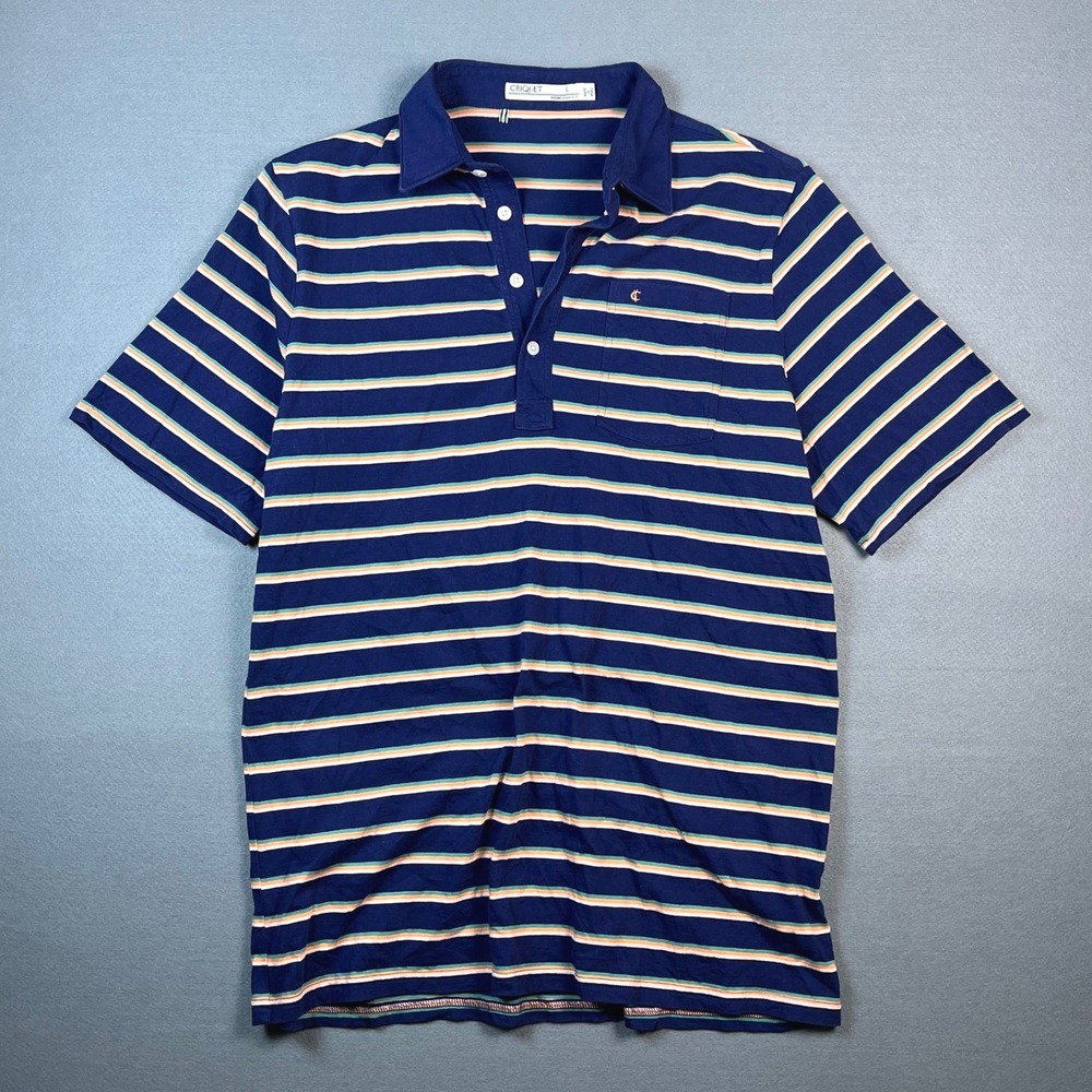 Criquet Mens Striped Organic Cotton Players Polo Shirt Navy Blue Large L